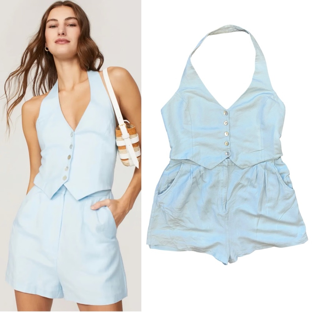 Amanda Uprichard RTR Isadora Blue Linen Blend Halter Romper Vest Shorts Size XL